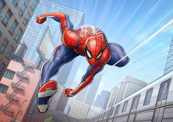Rule 34 | 1boy, airborne, billboard, city, clenched hand, male focus, marvel, mask, motion lines, patrick brown, solo, spider-man, spider-man (2018 game), spider-man (series), spider web print, subway, superhero costume