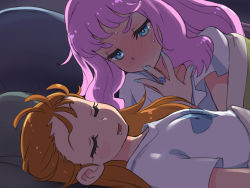 Rule 34 | 2girls, blue eyes, blue nails, blush, breasts, commentary request, drooling, closed eyes, fingernails, hair down, jewelry, kikurage (crayon arts), laura (precure), laura la mer, long hair, looking at another, lying, multiple girls, nail polish, natsuumi manatsu, on back, orange hair, pink hair, precure, ring, saliva, sleeping, small breasts, tropical-rouge! precure
