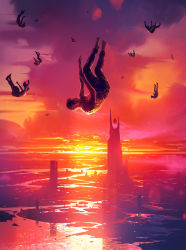 Rule 34 | 6+others, absurdres, barefoot, cloud, cloudy sky, falling, from side, highres, kalmahul, multiple others, original, pants, people, red sky, river, scenery, shirt, short hair, short sleeves, sky, sunset, tower, water