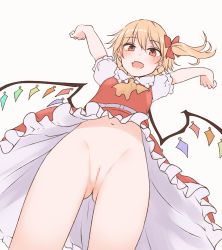 Rule 34 | 1girl, :d, arms up, ascot, blonde hair, censored, cleft of venus, commentary, crystal, fang, flandre scarlet, frilled shirt collar, frilled skirt, frills, from below, gluteal fold, hair between eyes, hair ribbon, highres, looking at viewer, looking down, miyo (ranthath), mosaic censoring, navel, no panties, one side up, open mouth, pussy, red eyes, red ribbon, red skirt, red vest, ribbon, shirt, short hair, short sleeves, simple background, skin fang, skirt, skirt set, smile, solo, touhou, upskirt, vest, white background, white shirt, wings, yellow ascot