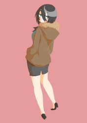 Rule 34 | 1girl, absurdres, black hair, black skirt, breasts, cocoa fuumi, from behind, full body, hair between eyes, highres, hood, hooded jacket, jacket, jitome, looking at viewer, miniskirt, office lady, original, pencil skirt, pink background, rinko-san (cocoa fuumi), simple background, skirt, solo