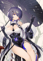 Rule 34 | 1girl, absurdres, arknights, bare legs, bare shoulders, black dress, black gloves, blue eyes, breasts, china dress, chinese clothes, cleavage, dress, elbow gloves, fur trim, gloves, grey hair, hair ornament, hair over one eye, hands up, highres, holding, jiusan naitang, large breasts, long hair, looking at viewer, no panties, off shoulder, official alternate costume, oil-paper umbrella, parted lips, pelvic curtain, sitting, sleeveless, sleeveless dress, solo, thigh strap, thighs, umbrella, whisperain (arknights), whisperain (tremble cold) (arknights), x hair ornament