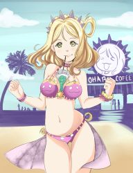 Rule 34 | 1girl, between breasts, bikini, blonde hair, blush, breasts, cleavage, closed mouth, cloud, drink, drinking, drinking straw, gluteal fold, green eyes, highres, looking at viewer, love live!, love live! sunshine!!, medium breasts, medium hair, navel, ohara mari, outdoors, pabsmikan, palm tree, sky, solo focus, standing, swimsuit, tree