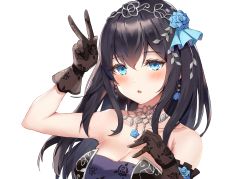 Rule 34 | 1girl, :o, amanoyui, bad id, bad pixiv id, bare shoulders, black gloves, black hair, blue eyes, blue flower, blue ribbon, blue rose, blush, breasts, cleavage, collarbone, dress, flower, gloves, hair flower, hair ornament, hair ribbon, highres, idolmaster, idolmaster cinderella girls, idolmaster cinderella girls starlight stage, jewelry, large breasts, long hair, looking at viewer, necklace, purple dress, ribbon, rose, sagisawa fumika, simple background, sleeveless, sleeveless dress, solo, upper body, v, white background
