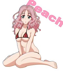 Rule 34 | 1girl, bikini, blush, breasts, girls und panzer, gogopaint, green eyes, highres, large breasts, long hair, looking at viewer, navel, open mouth, peach (girls und panzer), pink hair, red bikini, simple background, solo, swimsuit, white background