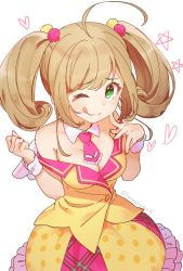 Rule 34 | 1girl, :q, ;q, ahoge, bare shoulders, blush, breasts, brown hair, cleavage, cowboy shot, dress, fake wings, finger to cheek, frilled dress, frills, green eyes, hair ornament, heart, idolmaster, idolmaster cinderella girls, long hair, looking at viewer, medium breasts, one eye closed, sato shin, simple background, smile, solo, star (symbol), swept bangs, taranboman, tongue, tongue out, twintails, twitter username, white background, wings, wrist cuffs, yellow dress