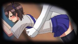 Rule 34 | 10s, 1boy, 1girl, admiral (kancolle), animated, animated gif, black thighhighs, blush, breasts, brown hair, clothed sex, groping, hair tie, hangaku, implied sex, japanese clothes, kaga (kancolle), kantai collection, medium breasts, open mouth, personification, sex, sexually suggestive, side ponytail, skirt, thighhighs