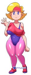 Rule 34 | 1girl, :&gt;, absurdres, aerobics, alternate breast size, alternate costume, bare shoulders, blonde hair, breasts, curvy, full body, gym uniform, headband, highleg, highleg leotard, highres, large breasts, leotard, leotard under clothes, minuspal, mother (game), mother 2, navel, ness&#039;s mom, nintendo, plump, purple leotard, red shirt, salute, shiny clothes, shiny skin, shirt, simple background, skin tight, smile, solo, standing, taut clothes, thick thighs, thighs, twitter username, wide hips