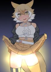 Rule 34 | 1girl, animal ears, black background, black jacket, blonde hair, blush, character request, choker, clothes lift, cowboy shot, crop top, extra ears, gloves, hair between eyes, illu (illu stratos), jacket, kemono friends, lifting own clothes, light censor, looking at viewer, midriff peek, multicolored hair, no panties, off shoulder, open clothes, open jacket, open mouth, shirt, short hair, simple background, skirt, skirt lift, solo, streaked hair, sweatdrop, tail, thighhighs, virtual youtuber, white choker, white hair, white shirt, yellow eyes, yellow gloves, yellow skirt, yellow thighhighs