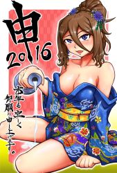 Rule 34 | 10s, 1girl, 2016, alcohol, aoki hagane no arpeggio, ayanagi gumimi, bare shoulders, blue eyes, bottle, breasts, brown hair, cleavage, japanese clothes, kimono, kirishima (aoki hagane no arpeggio), large breasts, long hair, ponytail, sake, solo, spill