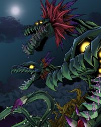 Rule 34 | absurdres, artist request, claws, creepy, digimon, digimon (creature), dragon, fingernails, glowing, glowing eyes, highres, hydramon, looking to the side, multiple heads, night, night sky, open mouth, plant, sharp fingernails, sharp teeth, sky, teeth, thorns, vines, yellow eyes