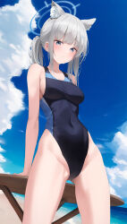 Rule 34 | 1girl, absurdres, blue archive, blue eyes, blue halo, blue sky, breasts, closed mouth, cloud, collarbone, commentary, competition swimsuit, covered navel, day, grey hair, halo, highleg, highleg swimsuit, highres, ju-ok, looking at viewer, medium breasts, official alternate costume, one-piece swimsuit, shiroko (blue archive), shiroko (swimsuit) (blue archive), short hair, sky, solo, swimsuit, thighs