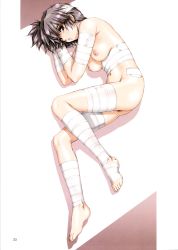 Rule 34 | 1girl, absurdres, bandages, barefoot, breasts, brown eyes, feet, female pubic hair, grey hair, highres, lying, nipples, nude, on side, pubic hair, scan, short hair, small breasts, solo, tears, urushihara satoshi