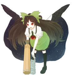 Rule 34 | 1girl, arm cannon, asymmetrical footwear, bad id, bad pixiv id, bird wings, bow, brown hair, cape, female focus, hair bow, honotai, long hair, mismatched footwear, open mouth, puffy sleeves, red eyes, reiuji utsuho, short sleeves, solo, third eye, touhou, weapon, wings