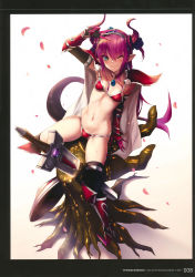 Rule 34 | 1girl, ;), absurdres, arm support, arm up, armor, armored boots, bikini, bikini armor, black thighhighs, blue eyes, blush, boots, breasts, cape, choker, closed mouth, collarbone, curled horns, dragon girl, dragon horns, dragon tail, elizabeth bathory (brave) (fate), elizabeth bathory (fate), fang, fang out, fate/grand order, fate (series), fukai ryosuke, hair between eyes, hair ribbon, highres, horns, knee boots, long hair, looking at viewer, navel, one eye closed, oversized clothes, pauldrons, petals, pink hair, planted, planted sword, planted weapon, pointy ears, purple eyes, purple ribbon, red bikini, red choker, red footwear, ribbon, scan, shield, shoes, shoulder armor, sidelocks, sitting, small breasts, smile, solo, spiked shoes, spikes, string bikini, sweat, swimsuit, sword, tail, thighhighs, thighhighs under boots, tiara, two side up, v, vambraces, very long hair, weapon, white cape