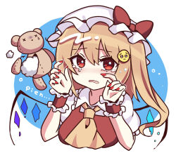 Rule 34 | 1girl, ascot, blonde hair, crying, crystal, emoji, flandre scarlet, hat, hat ribbon, open mouth, pleading face emoji, puffy short sleeves, puffy sleeves, red eyes, red nails, red vest, ribbon, short hair, short sleeves, side ponytail, solo, stuffed animal, stuffed toy, subaru (subachoco), tears, teddy bear, touhou, upper body, vest, wings, yellow ascot