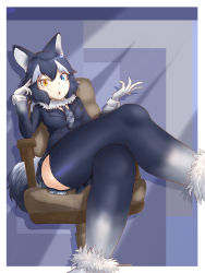 Rule 34 | 1girl, animal ears, artist request, black hair, blue eyes, breasts, crossed legs, fur collar, gradient legwear, grey wolf (kemono friends), heterochromia, highres, kemono friends, looking at viewer, medium breasts, multicolored hair, open mouth, plaid neckwear, sitting, solo, tail, two-tone hair, white background, wolf ears, wolf girl, wolf tail, yellow eyes