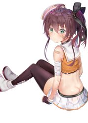 Rule 34 | 1girl, absurdres, ahoge, anchor hair ornament, ass, azur lane, back, bandages, bandaid, bandaid on face, black gloves, black ribbon, black thighhighs, blue eyes, blush, brown hair, butt crack, closed mouth, crop top, fingerless gloves, from behind, full body, gloves, hair between eyes, hair ornament, hair ribbon, hat, highres, hololive, looking at viewer, looking back, midriff, miniskirt, natsuiro matsuri, natsuiro matsuri (1st costume), pleated skirt, ribbon, sailor hat, side ponytail, simple background, sitting, skirt, solo, thighhighs, thighs, toratora (nanahaba), virtual youtuber, white background, white footwear, white hat, white skirt, wrist cuffs, zettai ryouiki