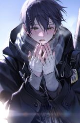 Rule 34 | 1boy, absurdres, bandaged hand, bandages, bandaid, bandaid on hand, black coat, black hair, black jacket, blush, breath, coat, cold, fingernails, green eyes, grey sweater, haero, hair between eyes, hands up, highres, hood, hood down, jacket, kenmochi touya, long sleeves, looking at viewer, lower teeth only, male focus, nijisanji, open clothes, open mouth, outdoors, own hands together, plaid, plaid scarf, scarf, short hair, sky, sleeves past wrists, solo, sweater, teeth, upper body, virtual youtuber