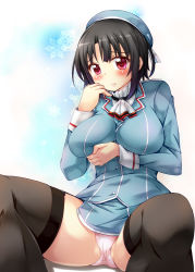 Rule 34 | 10s, 1girl, black hair, black thighhighs, blush, breast lift, breasts, hat, impossible clothes, kantai collection, large breasts, looking at viewer, panties, pink panties, red eyes, short hair, solo, takao (kancolle), tekehiro, thighhighs, thighs, underwear, white panties