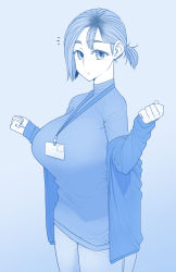 Rule 34 | 1girl, blue background, blue theme, breasts, clenched hands, closed mouth, cowboy shot, ekz (robotekz), forearms at chest, highres, huge breasts, id card, jacket, lanyard, long sleeves, looking at viewer, monochrome, name tag, off shoulder, original, pants, ponytail, short hair, simple background, sleeves past wrists, solo, standing, sweater, thick eyebrows