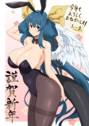Rule 34 | 1girl, angel wings, animal ears, arm above head, arm up, asymmetrical wings, bare shoulders, black bow, black bowtie, black leotard, blue hair, blush, border, bow, bowtie, breasts, chinese zodiac, cleavage, collar, collarbone, covered navel, detached collar, dizzy (guilty gear), fake animal ears, fuuma (bangolga1), guilty gear, hair between eyes, hair ribbon, hair rings, happy new year, highres, huge breasts, large breasts, leggings, leotard, long hair, looking at viewer, mature female, monster girl, new year, pink background, playboy bunny, rabbit ears, red eyes, ribbon, sideboob, sidelocks, smile, solo, tail, thighhighs, twintails, white border, wings, year of the rabbit