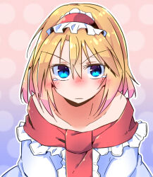Rule 34 | 1girl, alice margatroid, blonde hair, blue eyes, blush, capelet, closed mouth, commentary request, dondyuruma, frilled hairband, frills, hairband, highres, lolita hairband, long hair, looking at viewer, red hairband, solo, tears, touhou, white capelet