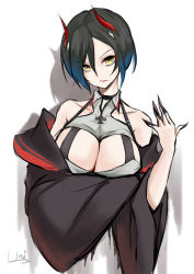 Rule 34 | 1girl, absurdres, arm under breasts, artist name, azur lane, bare shoulders, black hair, black jacket, black nails, breasts, cleavage cutout, clothing cutout, collarbone, cross, highres, horns, iron cross, jacket, large breasts, long sleeves, looking at viewer, nail polish, off shoulder, open clothes, open jacket, short hair, sketch, solo, ulrich von hutten (azur lane), unique (pixiv12704744), upper body, wide sleeves, yellow eyes