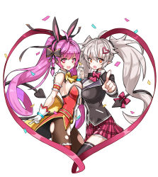 Rule 34 | 2girls, ahoge, animal ears, bare shoulders, black daisy (soccer spirits), black ivy (soccer spirits), blush, bow, braid, breast press, breasts, daisy (soccer spirits), demon girl, demon tail, fake animal ears, fang, gloves, hair bow, hair ornament, hairband, hairclip, heart, heart-shaped pupils, highres, ivy (soccer spirits), large breasts, leotard, long hair, looking at viewer, multiple girls, open mouth, pantyhose, playboy bunny, pointy ears, purple eyes, purple hair, rabbit ears, red eyes, school uniform, serin199, siblings, silver hair, sisters, skirt, smile, star-shaped pupils, star (symbol), symbol-shaped pupils, tail, thigh strap, thighhighs, torn clothes, torn legwear, twintails, very long hair
