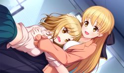 Rule 34 | 2girls, between breasts, blonde hair, blush, bow, breast smother, breasts, face to breasts, frills, game cg, green skirt, hair bow, hand on another&#039;s head, happy, hug, indoors, jacket, kirakira stars idol project reika, large breasts, light blush, long hair, long skirt, looking at viewer, midriff, multiple girls, open mouth, original, purple skirt, short hair, size difference, skirt, smile, standing, yellow eyes
