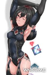 Rule 34 | 1girl, absurdres, armpits, black hair, bodysuit, breasts, commentary, highres, kb-5, leotard, long hair, looking at viewer, multicolored hair, one eye closed, operator (warframe), ordis (warframe), red eyes, red hair, scar, small breasts, solo, streaked hair, two-tone hair, warframe
