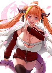 Rule 34 | 1girl, ahoge, black ribbon, black thighhighs, blonde hair, blunt bangs, blurry, blurry foreground, blush, bow, breasts, camisole, cleavage, cleavage cutout, clothing cutout, coat, coat on shoulders, commentary request, cowboy shot, darkmaya, diagonal-striped bow, dragon girl, dragon horns, dragon tail, emblem, falling petals, frilled camisole, frills, hair ribbon, hand up, hololive, horn bow, horn ornament, horns, huge breasts, jacket, jewelry, kiryu coco, kiryu coco (loungewear), long hair, long sleeves, looking at viewer, multicolored hair, off shoulder, official alternate costume, open clothes, open coat, open jacket, open mouth, orange hair, partially unzipped, pendant, petals, pointy ears, red eyes, red jacket, ribbon, sidelocks, simple background, smile, solo, spaghetti strap, streaked hair, striped, striped bow, tail, thighhighs, track jacket, twintails, virtual youtuber, walking, white background, white camisole, white coat, zettai ryouiki