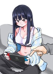 1boy, 1girl, black hair, boku no kokoro no yabai yatsu, breasts, brown eyes, cleavage, couch, father and daughter, game console, highres, hood, hoodie, indian style, jacket, long hair, medium breasts, midriff, navel, nintendo switch, open clothes, open jacket, out of frame, pants, pointing, sakurai norio, sitting, sports bra, tagme, track pants, yamada anna