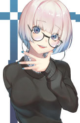 Rule 34 | 1girl, :d, absurdres, black-framed eyewear, blue nails, blunt bangs, bob cut, brown sweater, commentary request, fingernails, glasses, hand up, highres, kotoribako, long sleeves, looking at viewer, nail polish, open mouth, original, pink hair, short hair, smile, solo, sweater, upper body