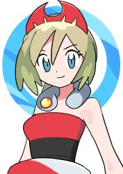 Rule 34 | 1girl, absurdres, aqua eyes, bare arms, blonde hair, closed mouth, collar, commentary request, creatures (company), eyelashes, game freak, hairband, highres, irida (pokemon), looking at viewer, nintendo, pokefia, pokemon, pokemon legends: arceus, red hairband, red shirt, sash, shirt, short hair, smile, solo, strapless, strapless shirt, upper body