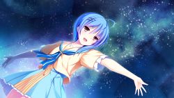 Rule 34 | 1girl, :d, ahoge, blue hair, blue neckwear, blue skirt, brown eyes, collarbone, collared shirt, dutch angle, game cg, hair ornament, hairclip, highres, hoshi ori yume mirai, koizumi amane, layered skirt, medium hair, miniskirt, night, official art, open mouth, ousaka sora, outdoors, outstretched arms, outstretched hand, sailor collar, sailor shirt, shirt, skirt, sky, smile, solo, standing, star (sky), starry sky, yellow sailor collar, yellow shirt