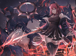Rule 34 | 1girl, absurdres, arknights, bare shoulders, black dress, black jacket, black thighhighs, breasts, cleavage, closed mouth, commentary request, demon girl, demon horns, dress, feet out of frame, flaming sword, flaming weapon, hair between eyes, highres, holding, holding sword, holding weapon, horns, jacket, large breasts, lava, legs together, long hair, looking at viewer, off shoulder, open clothes, open jacket, poni (poni arknights), purple eyes, red hair, red horns, solo, spikes, surtr (arknights), sword, thighhighs, weapon