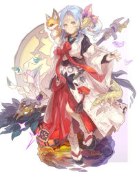 Rule 34 | 1girl, animal, animal on shoulder, black footwear, blue hair, bow, brown eyes, closed mouth, commentary request, dress, final fantasy, final fantasy xiv, fox, full body, gradient background, haku (sabosoda), highres, holding, holding staff, horns, long hair, long sleeves, multicolored hair, parted bangs, pink background, red bow, sandals, smile, socks, solo, staff, tabi, two-tone hair, white background, white dress, white hair, white socks, wide sleeves, zouri