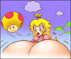 Rule 34 | 1girl, blonde hair, blue eyes, blue sky, breast expansion, breasts, cloud, crown, earrings, gigantic breasts, impossibly large breasts, jewelry, long hair, mario (series), mega mushroom, nintendo, open mouth, princess peach, sky, solo, super mario bros. 1, surprised, torn clothes