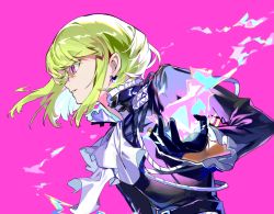 Rule 34 | 1boy, ascot, black gloves, black jacket, blue fire, commentary, earrings, eyebrows hidden by hair, fire, gloves, green hair, jacket, jewelry, karasu btk, lio fotia, long sleeves, looking to the side, male focus, pink background, pink eyes, pink fire, profile, promare, serious, short hair, simple background, solo, triangle earrings, upper body, white ascot