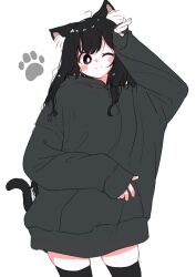 Rule 34 | ahoge, animal ears, black eyes, black hair, black hoodie, black shorts, blush, cat ears, cat girl, cat tail, commentary request, eyelashes, hand on own head, hood, hoodie, light smile, long hair, looking at viewer, megateru, messy hair, one eye closed, original, oversized clothes, shorts, simple background, skindentation, sleeves past wrists, smile, tail, tareme, thighhighs, very long hair, white background