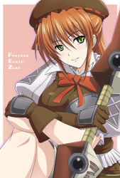 Rule 34 | 1girl, beret, blush, bow, breasts, cleavage, crossed arms, fantasy earth zero, gloves, green eyes, hat, ishigaki takashi, large breasts, orange hair, sitting, smile, solo, sword, weapon