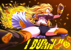 Rule 34 | 1girl, belt, blonde hair, boots, breasts, cropped jacket, english text, fingerless gloves, flaming hair, foreshortening, gauntlets, gloves, hijikawa arashi, large breasts, long hair, midriff, navel, open mouth, orange thighhighs, purple eyes, rwby, shell casing, shorts, solo, thighhighs, very long hair, yang xiao long