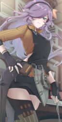 Rule 34 | 1girl, animal ears, antlers, apron, arknights, black apron, black gloves, black hairband, black thighhighs, blurry, blurry background, brown jacket, closed mouth, clothes around waist, coldshot (arknights), cowboy shot, crop top, cropped jacket, fingerless gloves, floating hair, glint, gloves, green eyes, hair over one eye, hairband, hand on own hip, highres, holding, holding knife, horns, indoors, jacket, jacket around waist, kimo suna, knife, long hair, looking at viewer, mole, mole under mouth, one eye covered, purple hair, sleeves past elbows, smile, solo, standing, thighhighs, zipper, zipper pull tab
