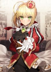 Rule 34 | &gt;:), 10s, 1girl, ahoge, arm behind back, ascot, belt, black ascot, black pants, blonde hair, blurry, blurry background, blush, braid, brooch, brown belt, cape, chandelier, closed mouth, column, commentary, cowboy shot, crown, fate/extra, fate (series), formal, french braid, gambe, gem, gloves, green eyes, green gemstone, hair between eyes, hair intakes, huge ahoge, indoors, jacket, jewelry, juliet sleeves, long sleeves, looking at viewer, mini crown, nero claudius (fate), nero claudius (fate) (all), nero claudius (fate/extra), official alternate costume, outstretched hand, pants, pillar, puffy sleeves, reaching, reaching towards viewer, red jacket, short hair with long locks, sidelocks, smile, solo, sparkle, standing, thigh gap, tsurime, v-shaped eyebrows, waist cape, white cape, white gloves