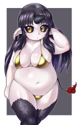 Rule 34 | 1girl, :/, adjusting hair, arm at side, arm up, bare arms, bare shoulders, belly, big belly, bikini, black fur, black hair, black horns, black sclera, body fur, breasts, cleavage, closed mouth, colored sclera, colored skin, fat, flame-tipped tail, fur, futaba channel, gold bikini, hand up, highres, horns, horse tail, kakutan (nijiura maids), kuma (kumahoihoi), large breasts, long hair, navel, nijiura maids, outline, pointy ears, single horn, slit pupils, solo, swimsuit, tail, thighs, white outline, white skin