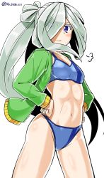 Rule 34 | &gt;:), 10s, 1girl, asashimo (kancolle), bikini, blue eyes, blush, breasts, collarbone, eyes visible through hair, hair over one eye, hands on own hips, highres, jacket, kantai collection, long hair, long sleeves, looking at viewer, mashio, navel, open clothes, open jacket, ponytail, silver hair, simple background, small breasts, smile, smug, solo, swimsuit, thighs, toned, twitter username, v-shaped eyebrows, white background