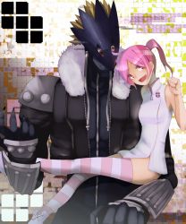 Rule 34 | 1boy, 1girl, ass, bandai, bare shoulders, beelzebumon, blonde hair, breasts, claws, demon, digimon, digimon world re:digitize, happy, helmet, highres, pink eyes, pink hair, rindou akiho, seven great demon lords, smile, twintails, unier