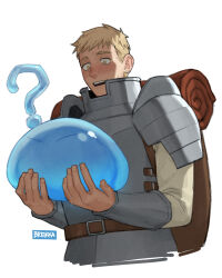 Rule 34 | 1boy, ?, armor, artist name, backlighting, backpack, bag, belt, blonde hair, blush, breikka, commentary, creature, cropped torso, crossover, dungeon meshi, english commentary, excited, fingernails, holding, laios touden, long sleeves, looking at another, male focus, nervous, open mouth, pauldrons, plate armor, rimuru tempest, rimuru tempest (slime), short hair, shoulder armor, simple background, sweat, tensei shitara slime datta ken, vambraces, white background, yellow eyes
