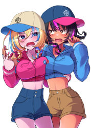 Rule 34 | 2girls, alternate hair color, andou (girls und panzer), baseball cap, bc freedom (emblem), black hair, blonde hair, blue eyes, blue shorts, blush, breasts, brown eyes, brown shorts, casual, dark-skinned female, dark skin, emblem, girls und panzer, hand on another&#039;s hip, hat, hood, hoodie, large breasts, looking at another, midriff, multiple girls, open mouth, oshida (girls und panzer), salt-apple, shorts, simple background, white background, yuri